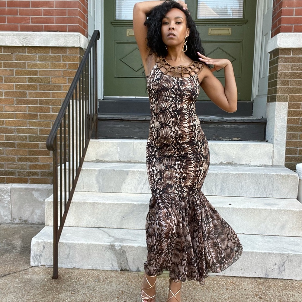 Animal Print Maxi Dress with Beaded Collar